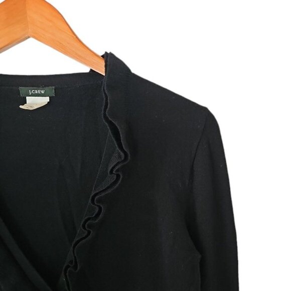 J. Crew Black Cardigan 100% Merino Wool‎ L Large Ruffle Lightweight Soft - Picture 8 of 11